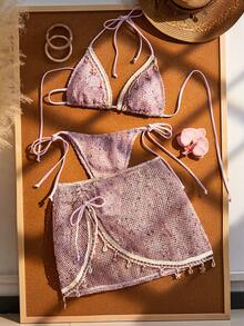 Conjunto de bikini para mujer, estilo bohemio con decoración de cinta de ganchillo y conchas, falda de playa ajustable con cordón para vacaciones - Rosa - Ver 2