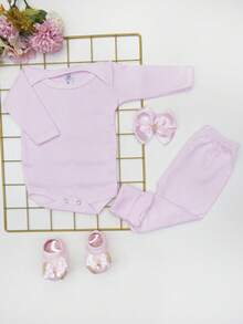 4 Piece Set Long Sleeve Bodysuit With Booties, Hairband And Ribbed Knit Pants / Baby Girl Set With Booties And Hair Bow Pink BB - 淺粉色 - 查看 11