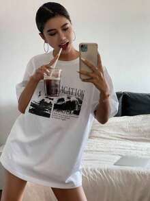Camiseta de manga corta  holgada con cuello redondo y estampado de letras para mujer, camiseta de verano con diseño estampado, camiseta de talla grande, estilo universitario, 100% algodón. - Blanco - Ver 10