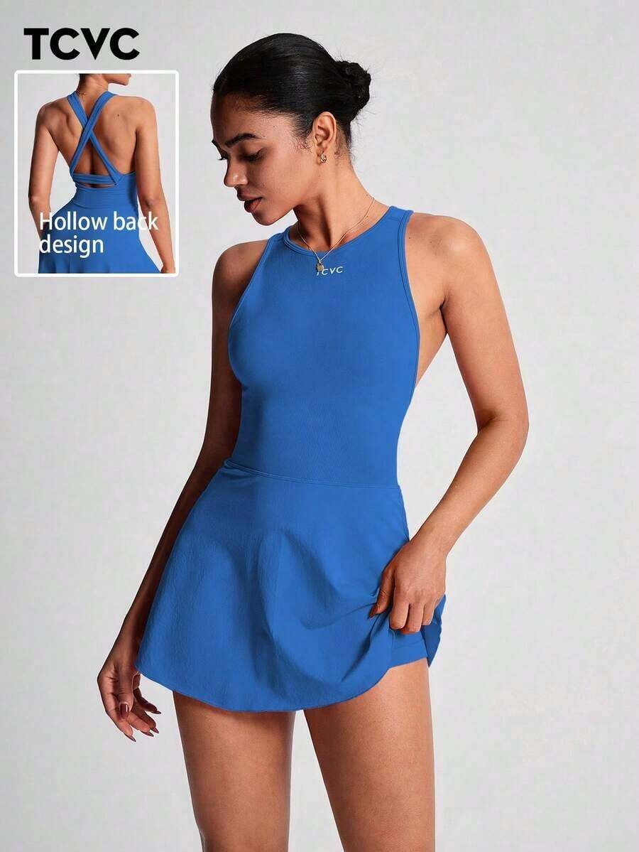 TCVC Vestido deportivo de tirantes para mujer, vestido de tenis de cuello redondo con pantalón corto de con espalda de tirantes cruzados, de tela suave y ajustada, para deportes y yoga en interiores/exteriores, negro de verano - azul real - Ver 1