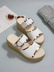 Y2K Metallic Decor Woven Platform Wedge Sandals, Suitable For Party, Vacation, Black & White, Summer Daily Wear - White - View 1