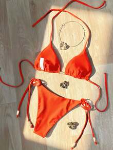 Solid Color Bikini Swimwear For Beach Vacation Summer - Orange - View 2