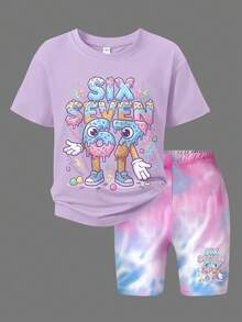 Set de 2 piezas de camiseta con gráfico "67" y shorts de ciclista con efecto tie-dye para niñas, conjunto de verano suave, cómodo y lindo para adolescentes - Morado - Ver 2