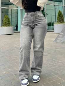 Jeans rectos de pierna ancha y estilo vintage para mujer, casuales para primavera - Gris Claro - Ver 2