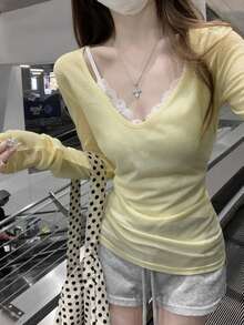 Women's V-Neck Long Sleeve T-Shirt, Versatile Sun Protection, Suitable For Spring And Summer Yellow - Yellow - View 2