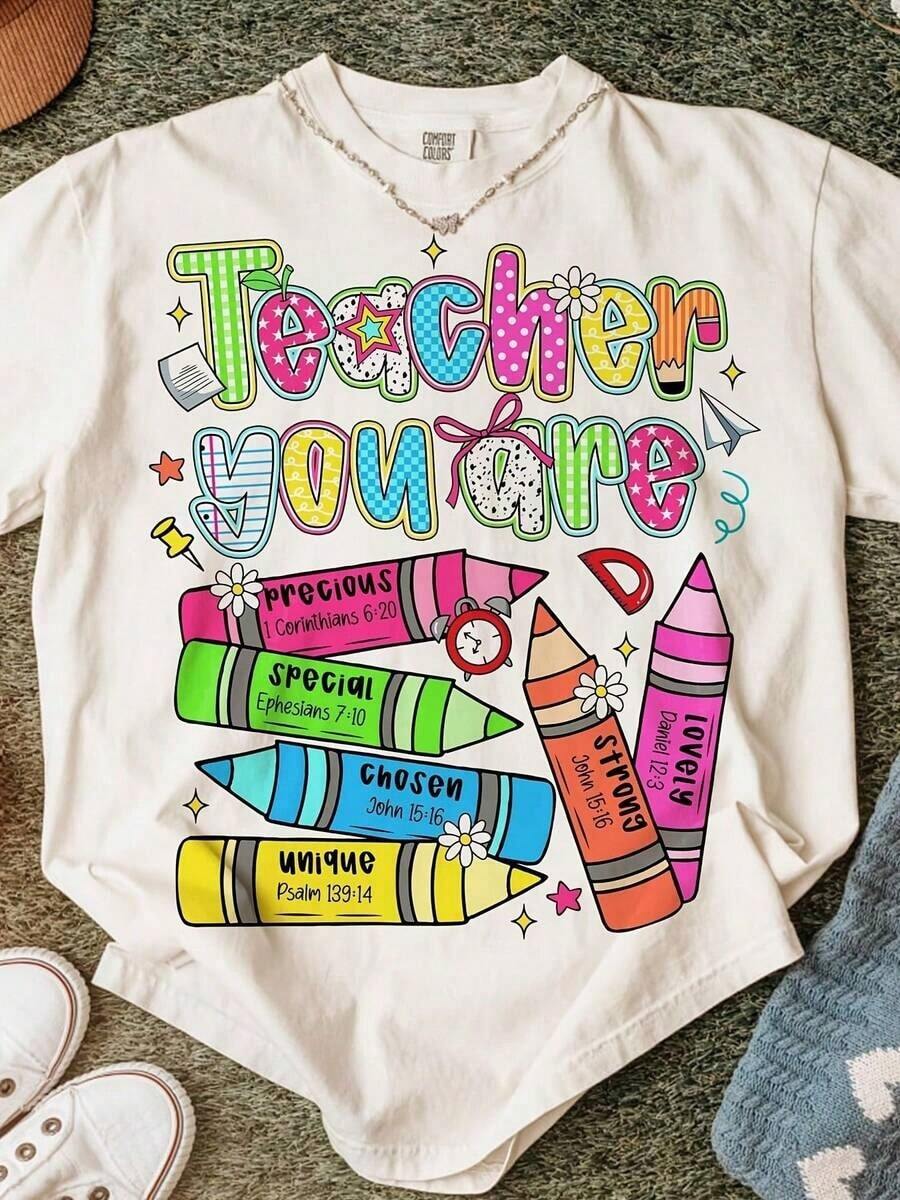1 pieza de camiseta de algodón inspiradora para mujer con la frase 'Teacher You Are', manga corta, cuello redondo, corte regular, perfecta para la vuelta al cole, 180g, 100% algodón. - Blanco - Ver 1
