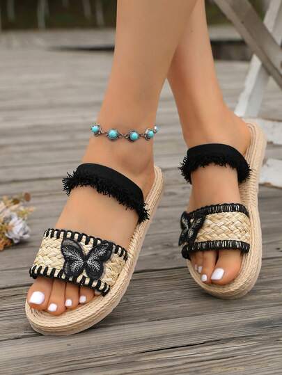 Sandalias de verano de estilo de vacaciones en la playa para mujeres, nuevas, de EVA, con diseño de mariposa de malla falsa y correa trenzada, planas, para uso en interiores y exteriores, casuales, para el hogar, regalo para vacaciones