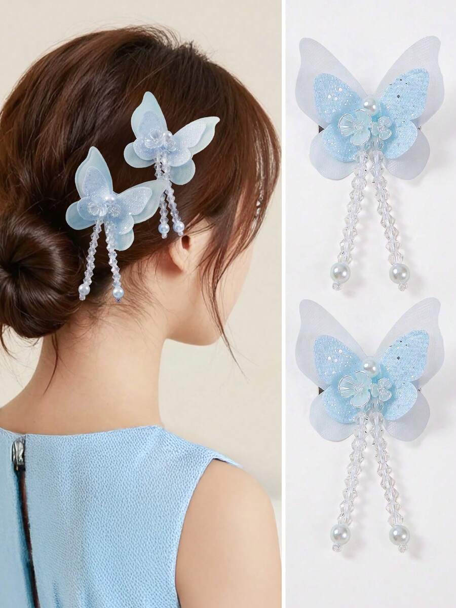 2pcs/Set Girls/Teens Light Blue Sequin Double-Layer Faux Butterfly Hair Clips, Cute Pearl Flower Side Bangs Hairpins, Everyday Use - Baby Blue - View 1