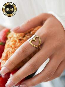 Uself 1 pezzo Anello a forma di cuore placcato in oro 18K, in acciaio inossidabile 304, design cavo, gioielleria in stile occidentale, regalo per la festa della mamma, accessorio romantico e unico, ipoallergenico, adatto per appuntamenti, matrimoni, uso quotidiano, regalo per la festa dell'insegnante - Multicolore - Visualizzare 4