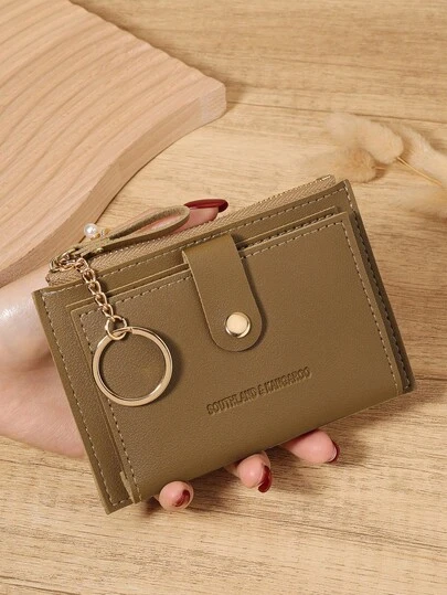 Con un llavero con cadena, billetera pequeña plegable con detalle de letra albaricoque, billetera delgada y ligera con tarjetero, monedero pequeño plegable, cartera femenina moderna y bonita, ideal como regalo de cumpleaños, Navidad, aniversario para mujeres, niñas, señoras, femenino, útiles escolares para la escuela, dormitorio y vuelta al cole