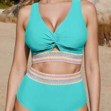 Women's High-Waisted Two-Piece Bikini Set With Color Blocking, Tie-Up, And Tummy Control Swimsuit - Lake Blue - View 4