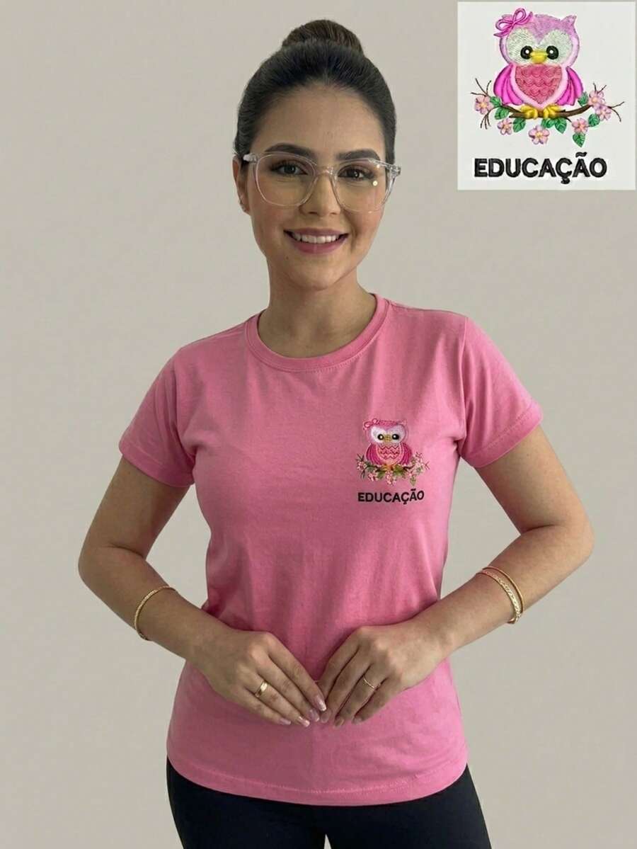 Women's T-Shirt/Blouse For Teachers With Owl Logo - Baby Look - Comfortable School Uniform For Teachers - 粉紅色的 - 查看 1