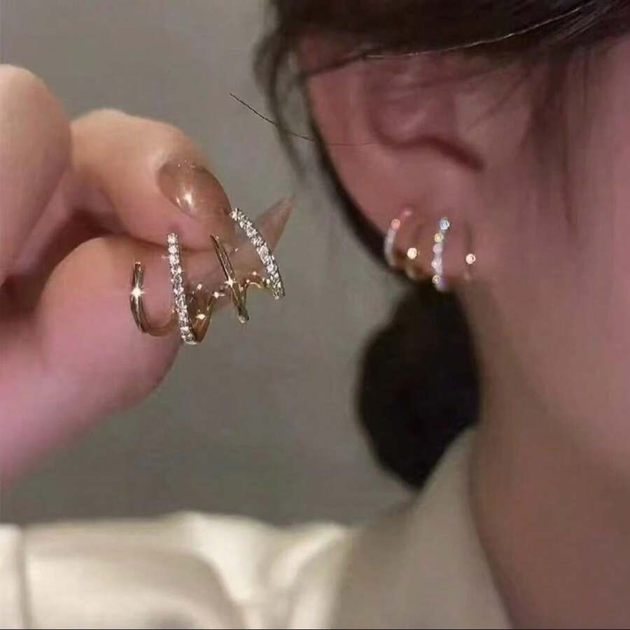 Brinco Feminino Coreano Geométrico Argola Quatro Garras Zircônia Cristal Banhado a ouro 18K Prata Brilhante Ponto de luz jóia Delicado Luxo Antialérgico