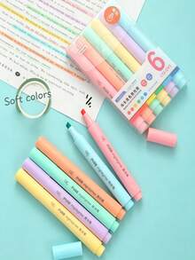 1pc/6pcs Pastel Fluorescent Highlighter Pens, Soft Tip Smudge-Proof Highlighters, Suitable For Journaling, Note-Taking, Stationery Set For Students And Office Use - Highlighter - View 7