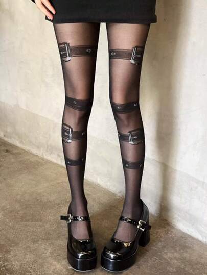 1pc Y2K Sexy Music Note Print Sheer Pantyhose, Lightweight For Spring/Summer