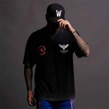 & GOLD'S GYM Co-Branded American Streetwear Brand Wolf Head Print Pure Cotton Round Neck Couple's T-Shirt - 黑色 - 查看 4