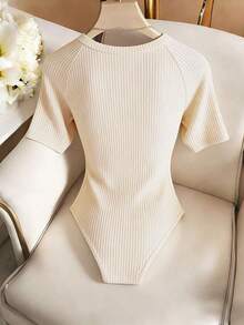Body entero elegante casual nueva  2026 cuello redondo manga corta punto canalé ceñido básico mujer uso diario primavera otoño - Café integral - Ver 9