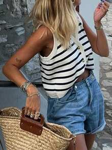 Áo tank top không tay kẻ sọc dành cho nữ, thích hợp cho mùa hè. - Đen và trắng - Xem 8