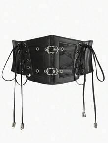 1pc Women's Dark Punk Style PU Leather Elastic Drawstring Waist Belt, Suitable Halloween Party Or Daily Wear - 黑色 6 - 查看 1