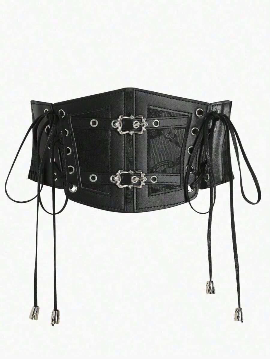 1pc Women's Dark Punk Style PU Leather Elastic Drawstring Waist Belt, Suitable Halloween Party Or Daily Wear - 黑色 6 - 查看 1