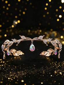 Bohemian Elf Leaf Crystal Headpiece, Women's Teardrop Rhinestone Hair Accessory, Bohemian Bridal Wedding Headband, Suitable For Party, Ball And Cosplay - Multicolor - View 9