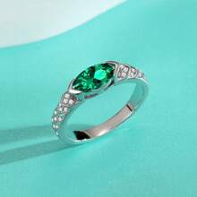 Women's Minimalist Versatile Inlaid Green Cat Eye Zirconia Plated White Gold Daily Wear Ring - Green - View 7