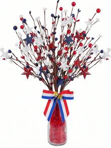 1pc White, Blue And Red Artificial Starberry Stem Decor, Suitable For July 4th Independence Day, Can Be Used For Home, Office, Restaurant Vase Decoration - Independence Day Berry Cuttings - View 7