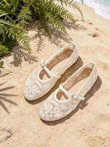 Bailarinas de malla para mujer, con tul y bordado floral, estilo Mary Jane, punta redonda, cómodas, para uso diario, con hebilla - Blanco - Ver 3