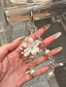 優雅奢華百合花珍珠手機掛繩，極簡透明珠飾手腕帶，通用女性禮品配件 - 珍珠百合花 - 查看 3
