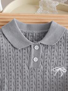 Girls' Cute Solid Color Embroidered Bow Polo Collar Knit Pullover Sweater, Lightweight Hollow-Out Button-Up, Suitable For Casual Wear In Spring, Summer And Autumn - Grey - View 3