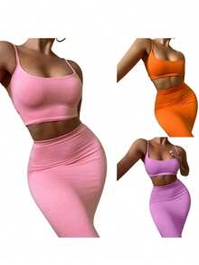 Women Sexy Two-piece Clothes Set, Solid Color Sleeveless Crop Tops and Long Skirt, Violet/ Pink/ Orange - Rosa - Ver 4