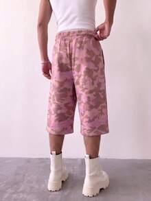 Fractyr Men Pink Camo Graffiti Oversized Long Shorts, Soft Touch Streetwear Drawstring Shorts, Y2K Grunge Casual Summer Bottoms - Pink - View 5