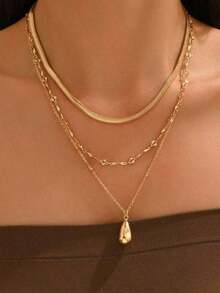 3pcs/Set Minimalist High-End Gold Tone Chain Necklace, Vintage Water Drop Pendant Necklace Jewelry Set, Suitable For Daily Wear, Dates, Parties, Music Festivals, Chain Length Varies - 金子 - 查看 1