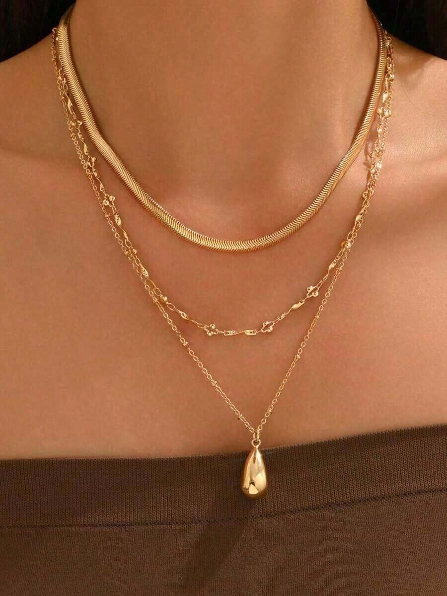 3pcs/Set Minimalist High-End Gold Tone Chain Necklace, Vintage Water Drop Pendant Necklace Jewelry Set, Suitable For Daily Wear, Dates, Parties, Music Festivals, Chain Length Varies - 金子 - 查看 1