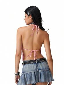 Women Girls Terry Trim V-Neck Halterneck Top Sleeveless Open Back Gingham Tops Strappy Y2K Shirts Streetwear - Red - View 5
