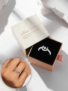 Nhẫn bạc đính đá Cubic Zirconia hình ngôi sao và mặt trăng, trang sức thanh lịch dành cho nữ dự tiệc, dạ hội, đeo hàng ngày, quà tặng lý tưởng cho dịp lễ. - Bạc - Xem 7