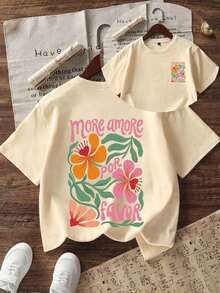 Tween Girls' Casual Funny Print Crew Neck Short Sleeve T-Shirt, Summer Top - Apricot - View 4
