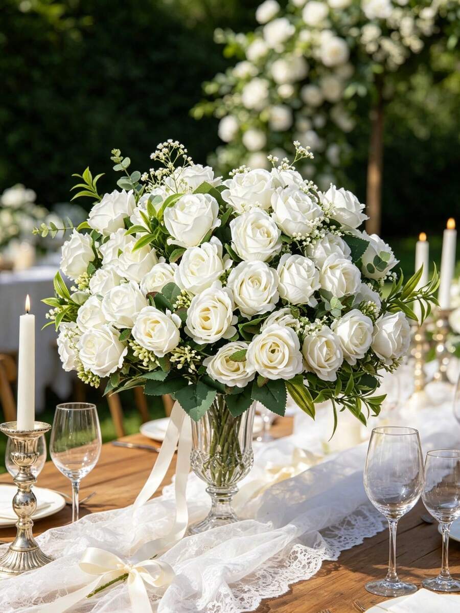 1pc Artificial Silk Rose Bouquet, Suitable For Home, Restaurant, Bedroom Decor, Holiday, Birthday Party, Outdoor Garden, Wedding Party Decor, Living Room Tabletop Centerpiece, Realistic Faux Plant, Can Be Used As Vase Filler, Balcony Wall Decor, Home Office Room Holiday Decoration. - White - View 1