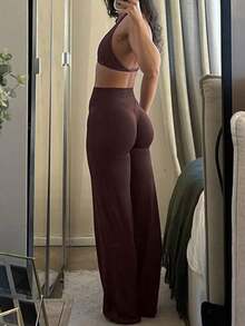 Pantalones acampanados ajustados de unicolor elegantes y modernos para el trabajo y el deporte para mujer, primavera - Café integral - Ver 12
