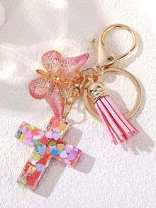 Resin Cross Keychain For Women Girls - 6 Styles With Butterfly Charm & Tassel, Embedded Pebbles, Glitter Heart & Purple Sequins (Mint Green/White/Pink/Purple) Fashion Jewelry Gift, Easter Baptism Party Favors Car Accessories Bag Charm School Cute Goth Y2k - 彩色 - 查看 9