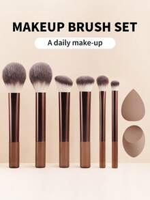 ronshadow Bộ cọ trang điểm 10/8/6/4 món màu cà phê gradient, cọ phấn phủ lớn, cọ má hồng vát cạnh, cọ tán phấn mắt chi tiết, dụng cụ trang điểm không thấm phấn. - màu nâu - Xem 4
