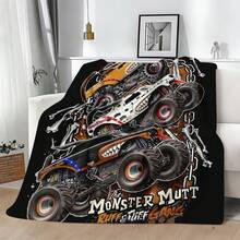 1PC Monster Jam  Monster Truck Racing Flannel Throw Blanket 50"X60" (Multiple Sizes) -  Green Truck Flying In Dust, Action Shot, Tapestry Wall Hanging, Monster Truck Fan Gift, Room Decor, Perfect For Sofa, Bed, Office -280gsm - nhiều màu 19 - Xem 7