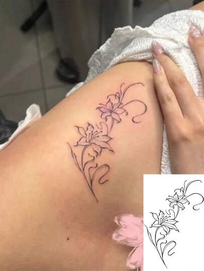 1 Peça Tatuagem Temporária com Desenho de Linha de Flor de Lírio, À Prova d'Água e de Longa Duração, Adesivo de Tatuagem Decorativa para Coxa/Cintura, Estilo Ins