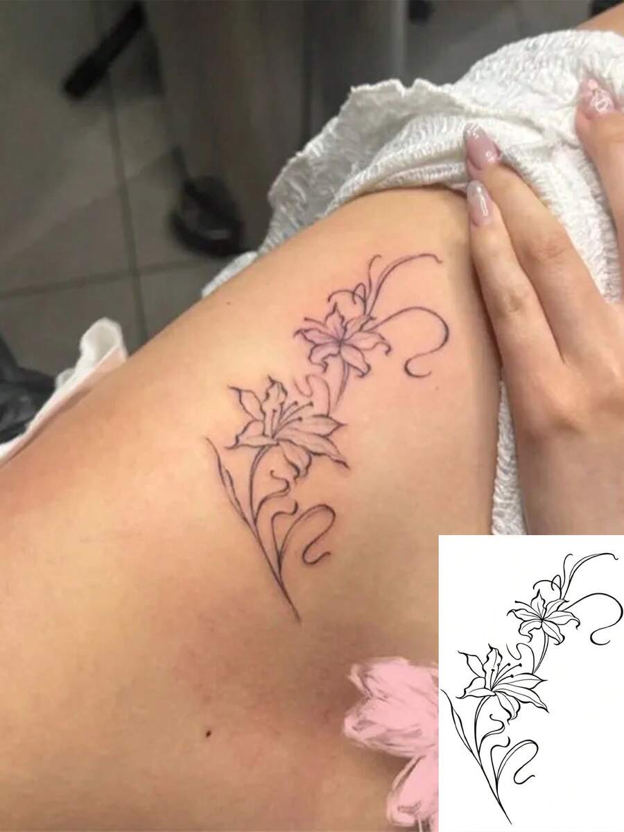 1张百合花线条图案临时纹身贴纸，防水持久，装饰性纹身贴，适用于大腿/腰部，ins风 - 黑色 - 查看 1