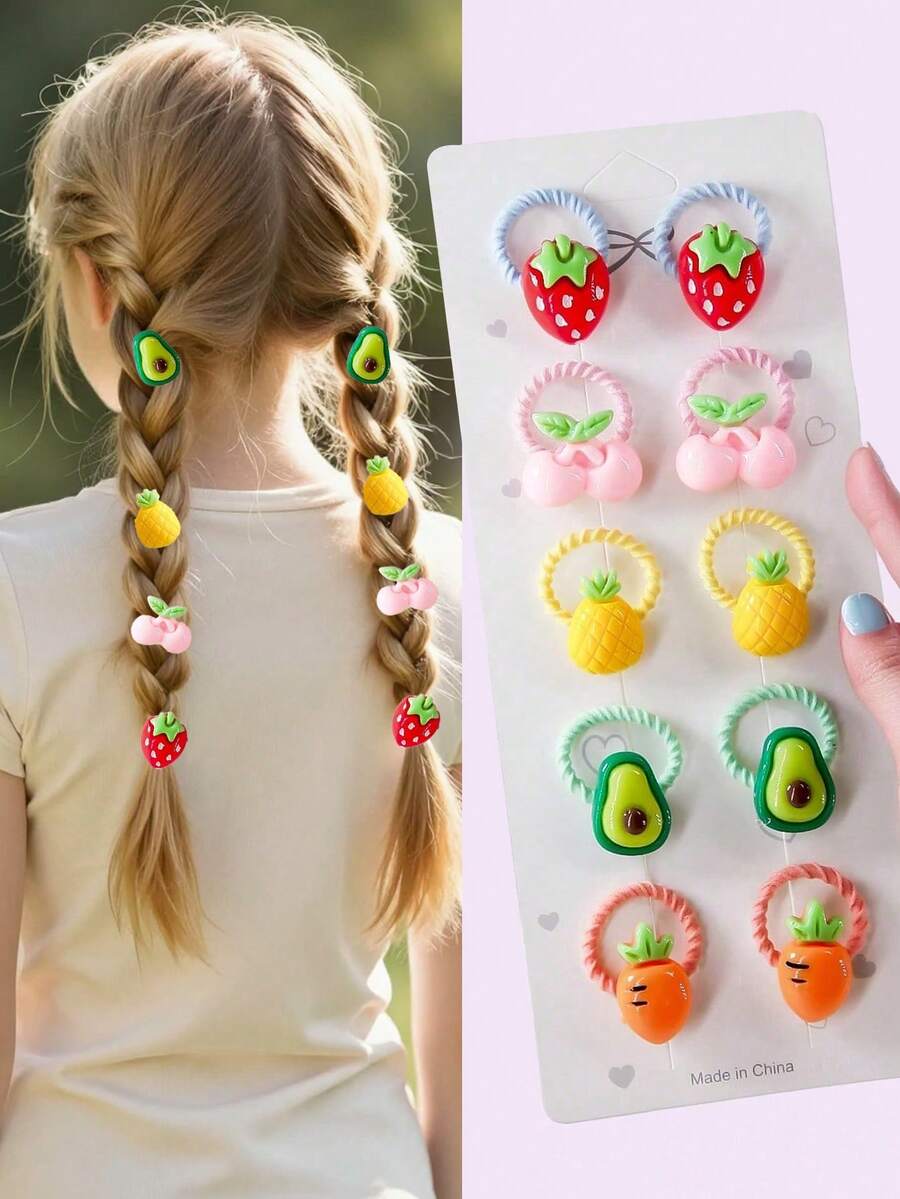 Bộ 10 chiếc dây buộc tóc co giãn hình trái cây nhiều màu sắc, bóng bẩy, dễ thương, không gây hư tổn tóc, thích hợp sử dụng hàng ngày. - Nhiều màu - Xem 1