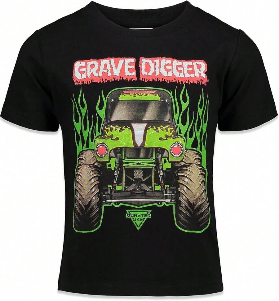 Men's & Kids Casual Print T-Shirt, Monster Trucks Are My Jam Cool Retro Truck Lover T-Shirt, Monster Jam Graphic Tees, Kids Clothes Boys, 100% Cotton Tween Summer Clothes O-Neck Summer Short Sleeve Casual Mens T-Shirt, Boy Stuff, Playful Design, Comfortable Fit Sleeve T-Shirts, Sports T-Shirts, Family Matching Outfits, Adult And Children's Sizes - Đen 4 - Xem 1