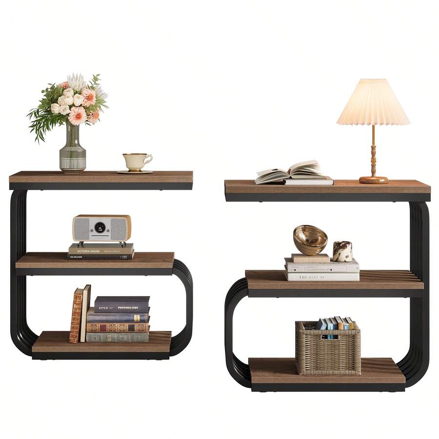 LITTLE TREE Small End Table, Nightstand, 3 Tier Narrow Side Table Industrial Vintage With Metal Frame, Accent Table For Living Room, Bedroom, Small Spaces - Nâu + Đen - Xem 1