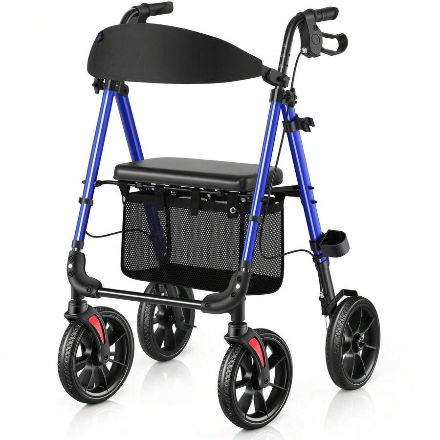 WALK MATE Rollator Walker For Seniors, 10 Inch Big Wheels, Reinforced Aluminum Frame 350lb Weight Capacity, Foldable All Terrain Rolling Walker With Seat, Lightweight Adjustable Height, Blue