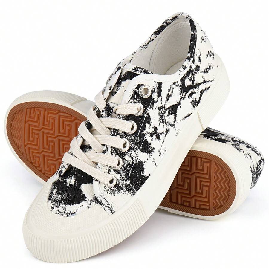 JENN ARDOR Women's Canvas Sneakers Low Top Lace-Up Classic Casual Shoes Fashion Comfortable For Walking - 黑與白 - 查看 1