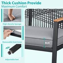 2-Sitzer Gartenstuhl aus Korbgeflecht, Gartenbank Rattan, Balkonstühle Metall und Rattan, mit 8 cm dicken Sitzkissen, Sturdy Metal Frame & WPC Armrest, für Terrasse, Garten und Veranda - Dunkelgrau - Übersicht 4
